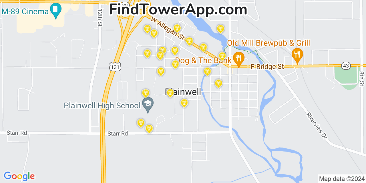 AT&T 4G/5G cell tower coverage map Plainwell, Michigan