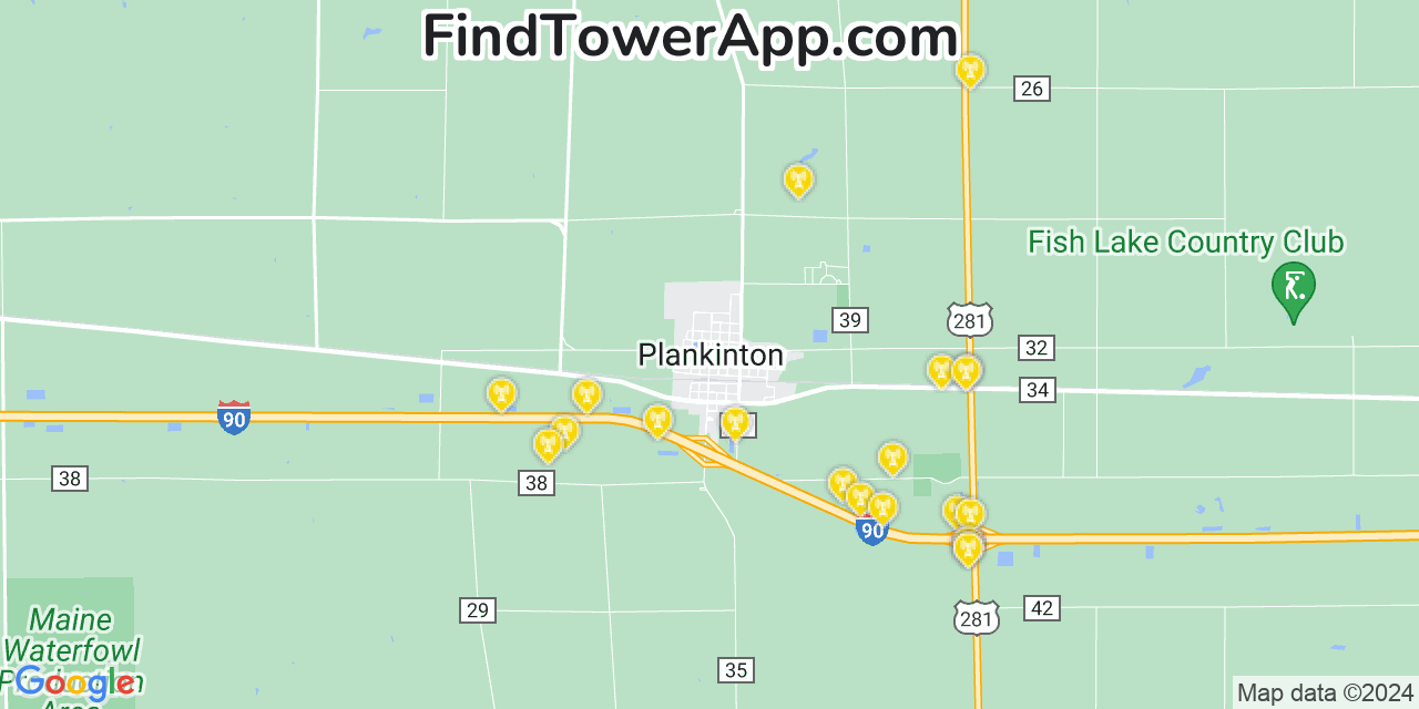 AT&T 4G/5G cell tower coverage map Plankinton, South Dakota