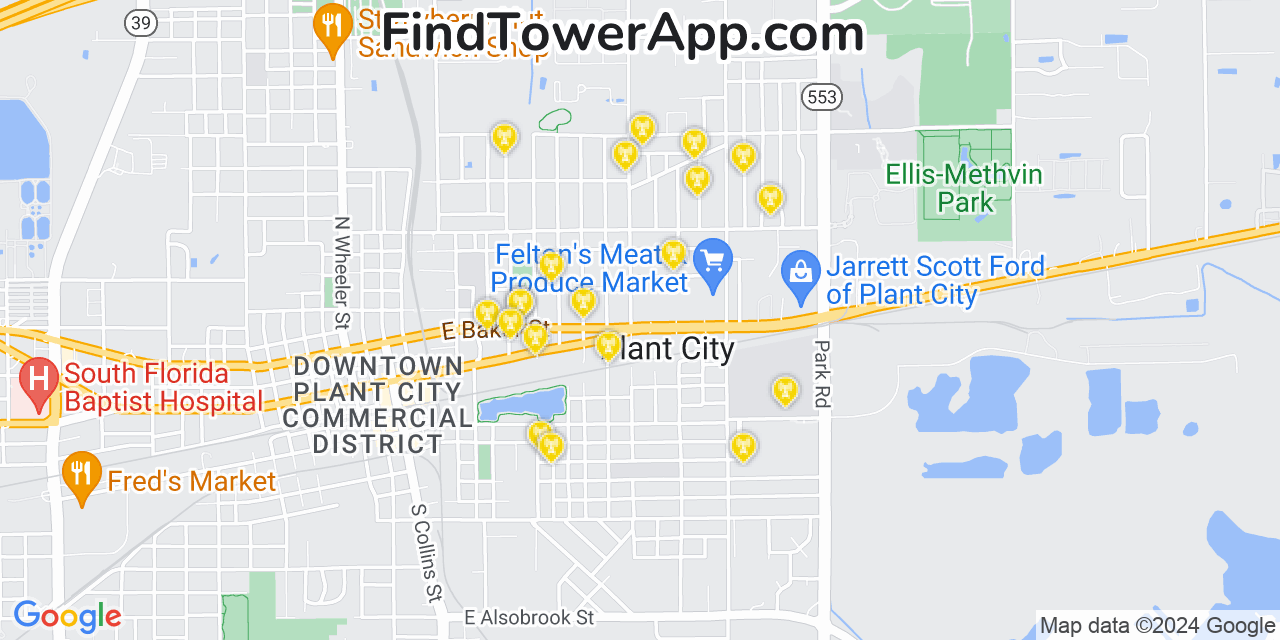 AT&T 4G/5G cell tower coverage map Plant City, Florida