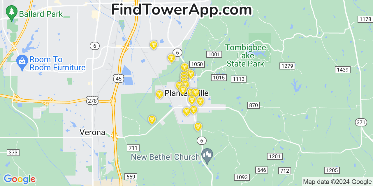 T-Mobile 4G/5G cell tower coverage map Plantersville, Mississippi
