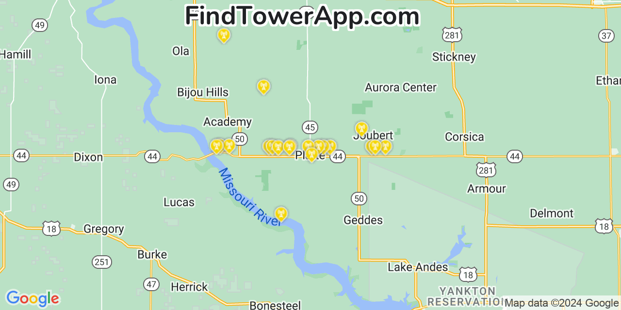 AT&T 4G/5G cell tower coverage map Platte, South Dakota
