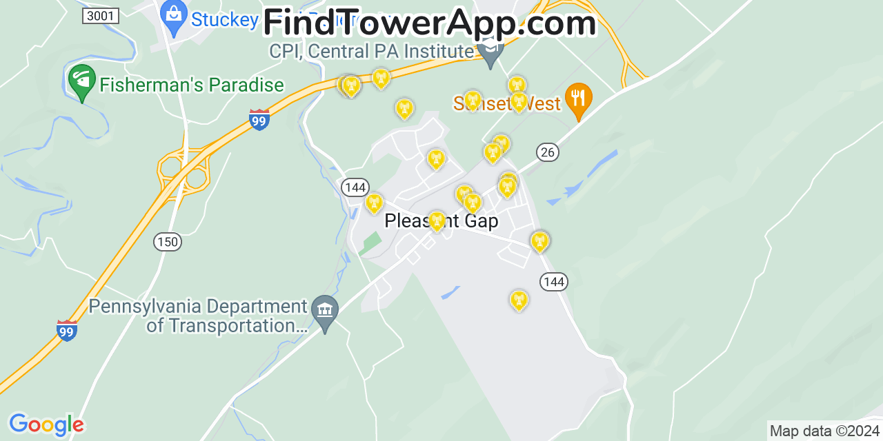 AT&T 4G/5G cell tower coverage map Pleasant Gap, Pennsylvania