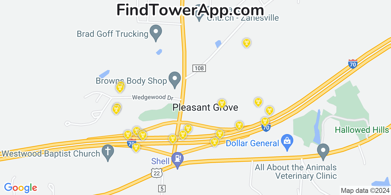 AT&T 4G/5G cell tower coverage map Pleasant Grove, Ohio
