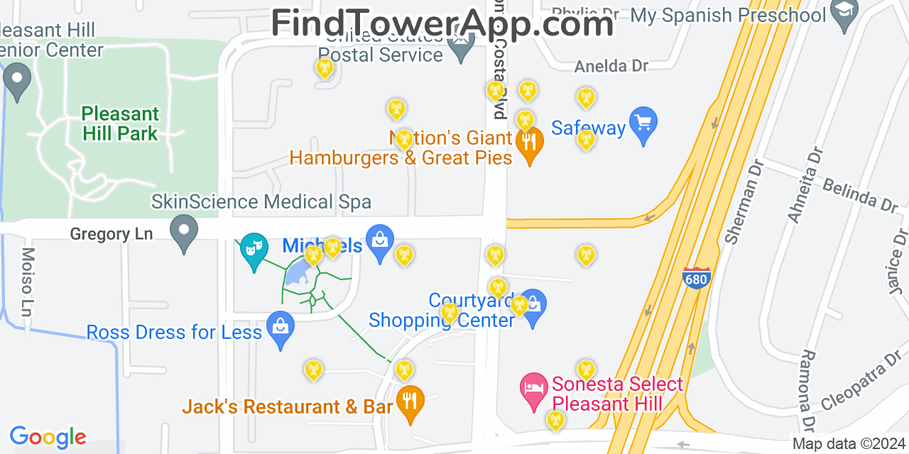 AT&T 4G/5G cell tower coverage map Pleasant Hill, California