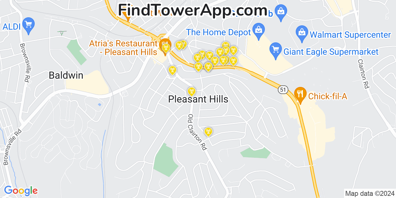 AT&T 4G/5G cell tower coverage map Pleasant Hills, Pennsylvania