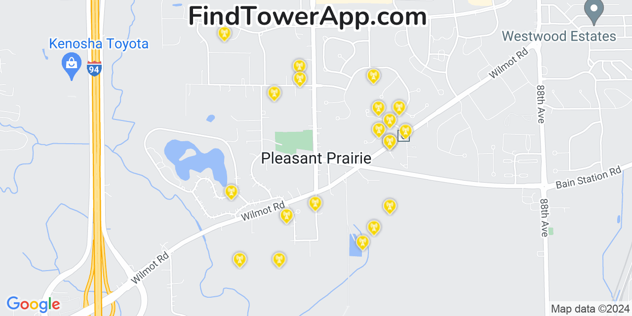 AT&T 4G/5G cell tower coverage map Pleasant Prairie, Wisconsin