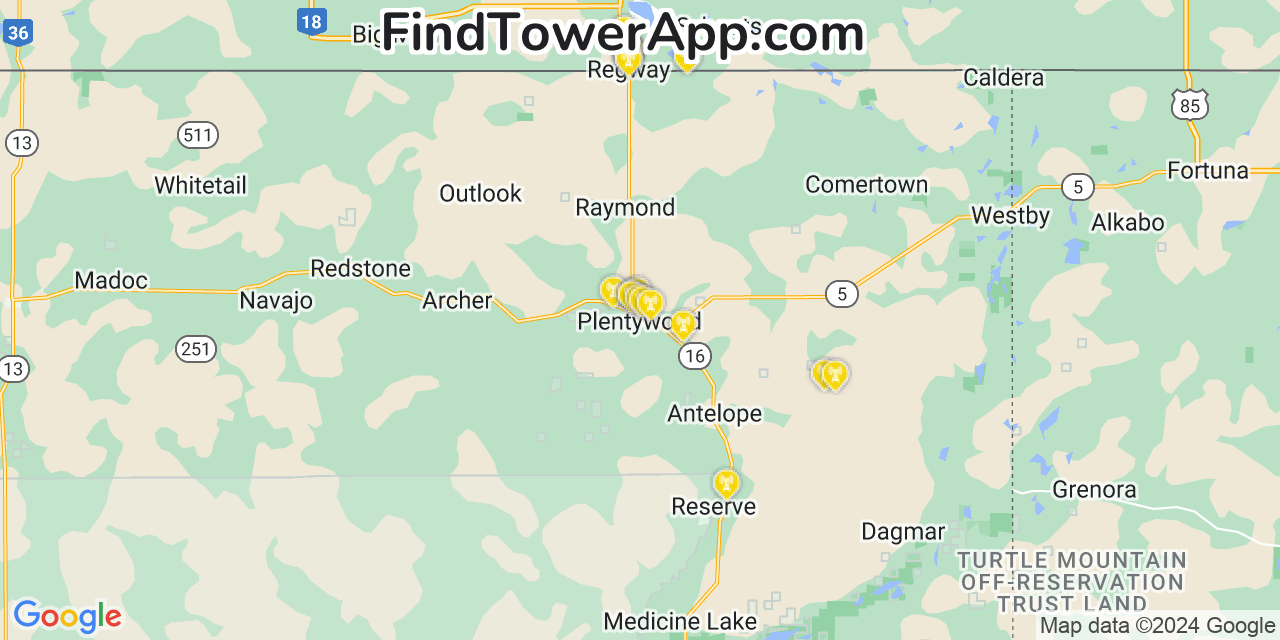 Verizon 4G/5G cell tower coverage map Plentywood, Montana