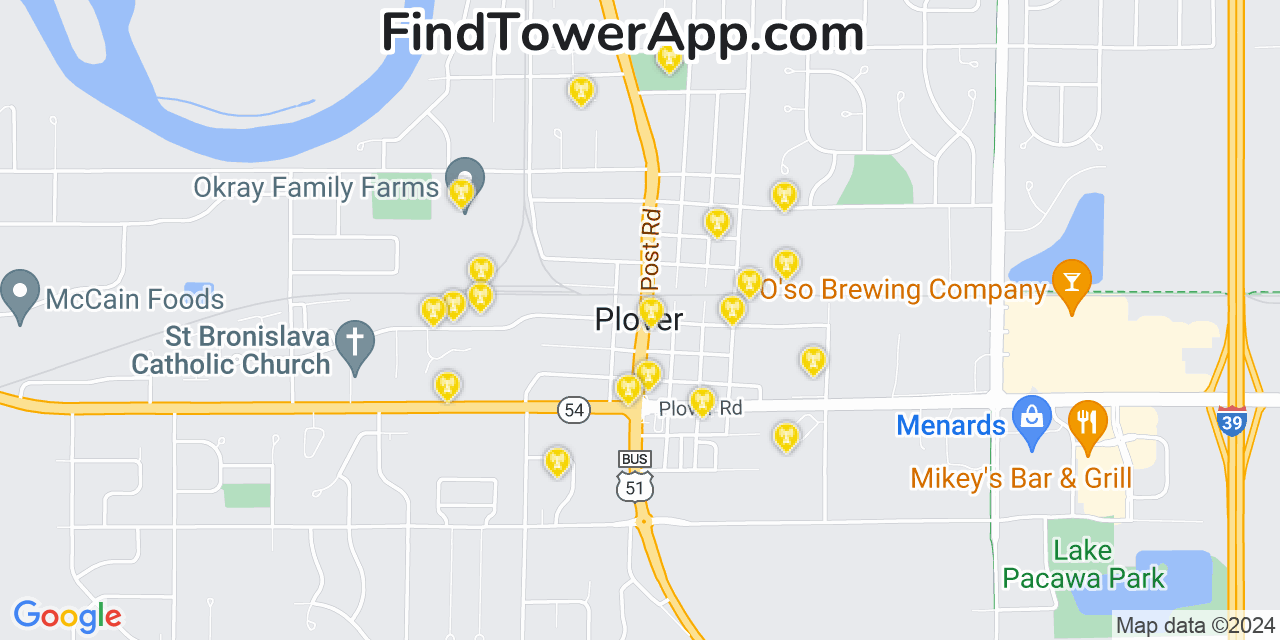 AT&T 4G/5G cell tower coverage map Plover, Wisconsin