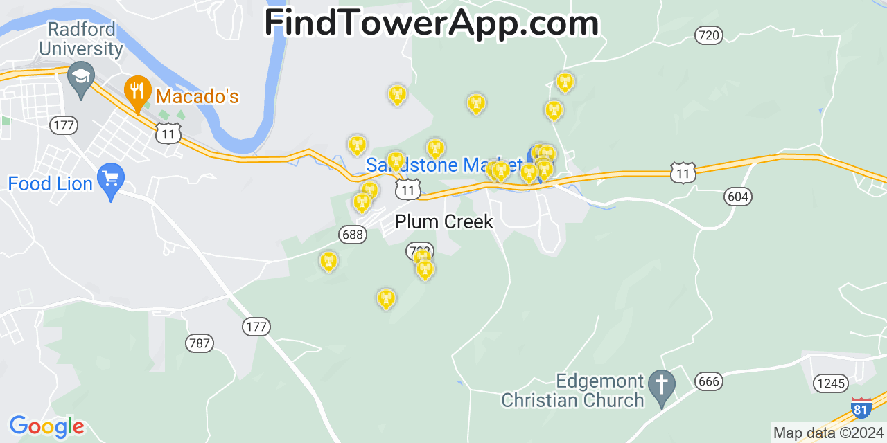 AT&T 4G/5G cell tower coverage map Plum Creek, Virginia
