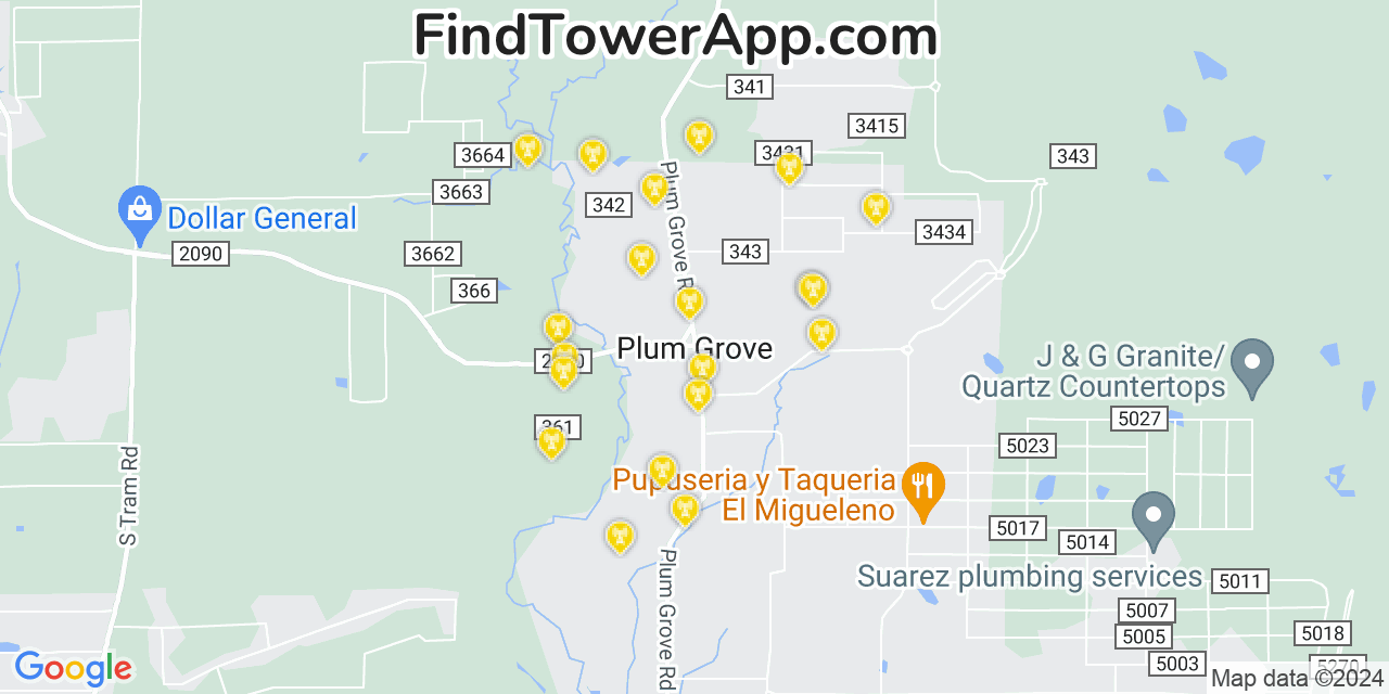 AT&T 4G/5G cell tower coverage map Plum Grove, Texas