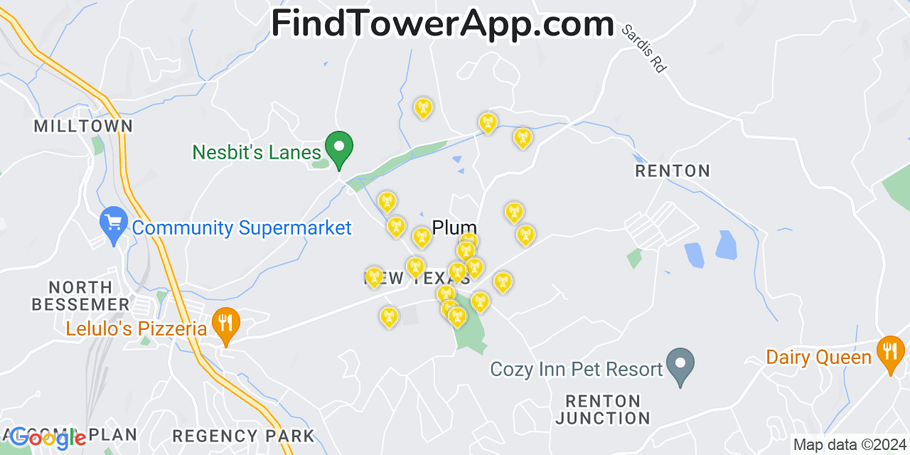 AT&T 4G/5G cell tower coverage map Plum, Pennsylvania