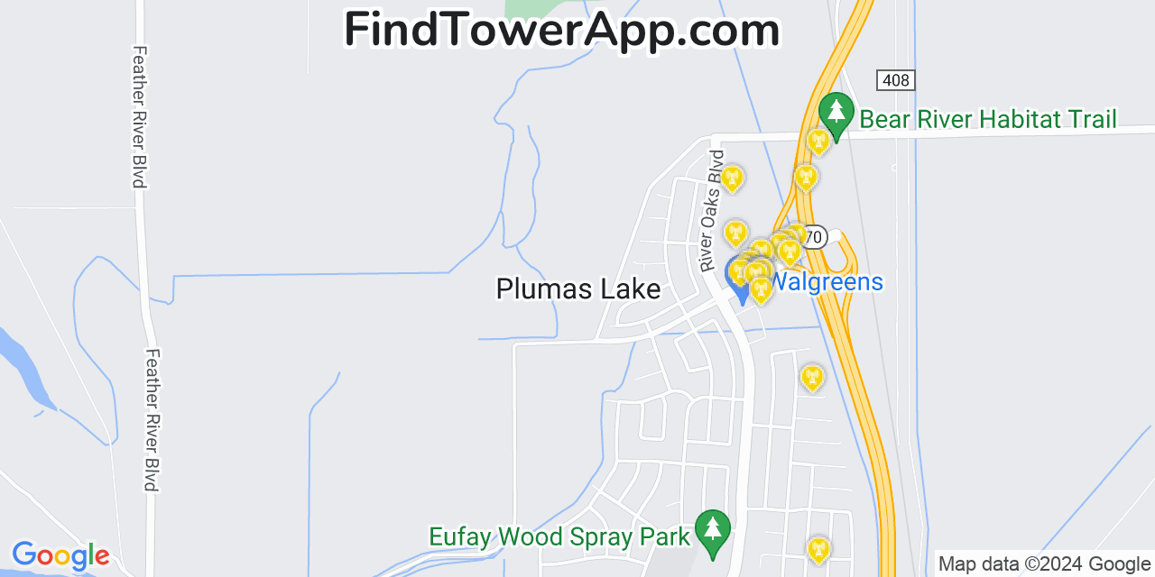 AT&T 4G/5G cell tower coverage map Plumas Lake, California