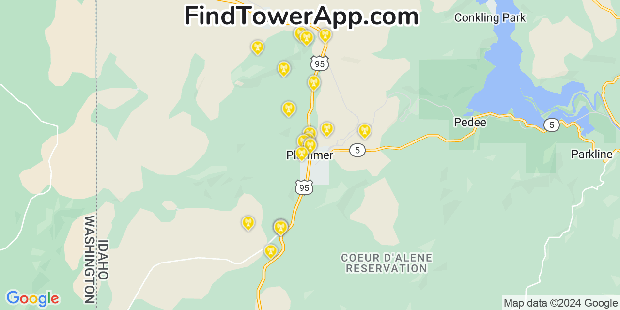 AT&T 4G/5G cell tower coverage map Plummer, Idaho