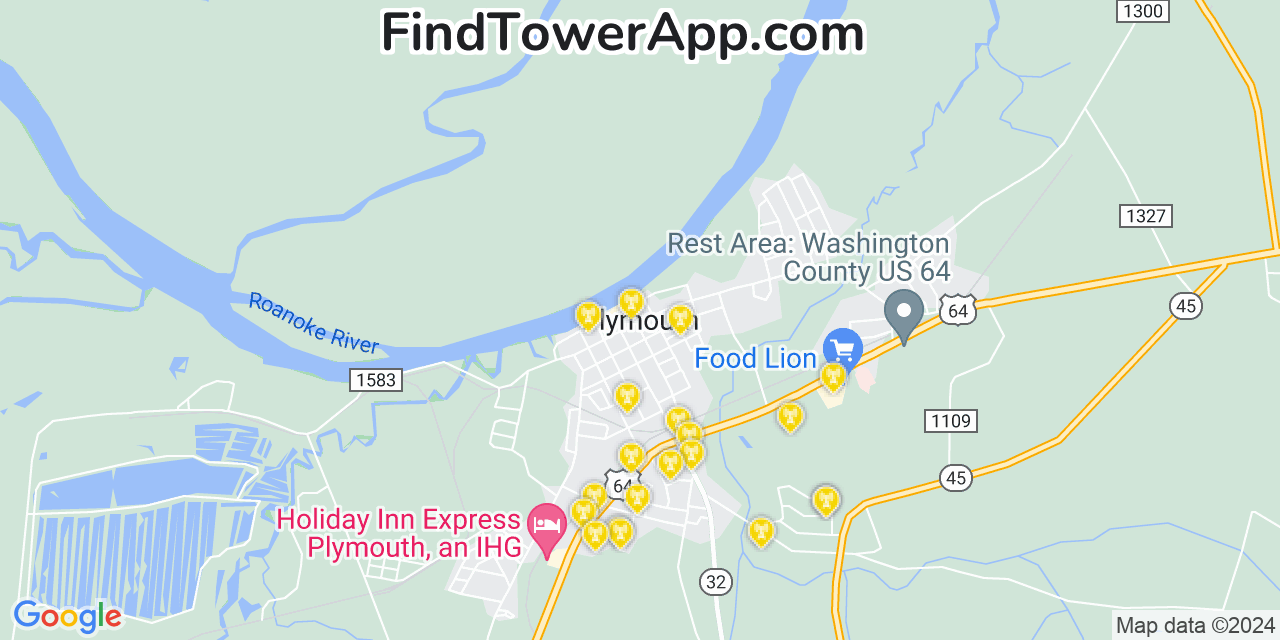 AT&T 4G/5G cell tower coverage map Plymouth, North Carolina