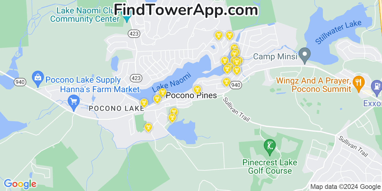 AT&T 4G/5G cell tower coverage map Pocono Pines, Pennsylvania