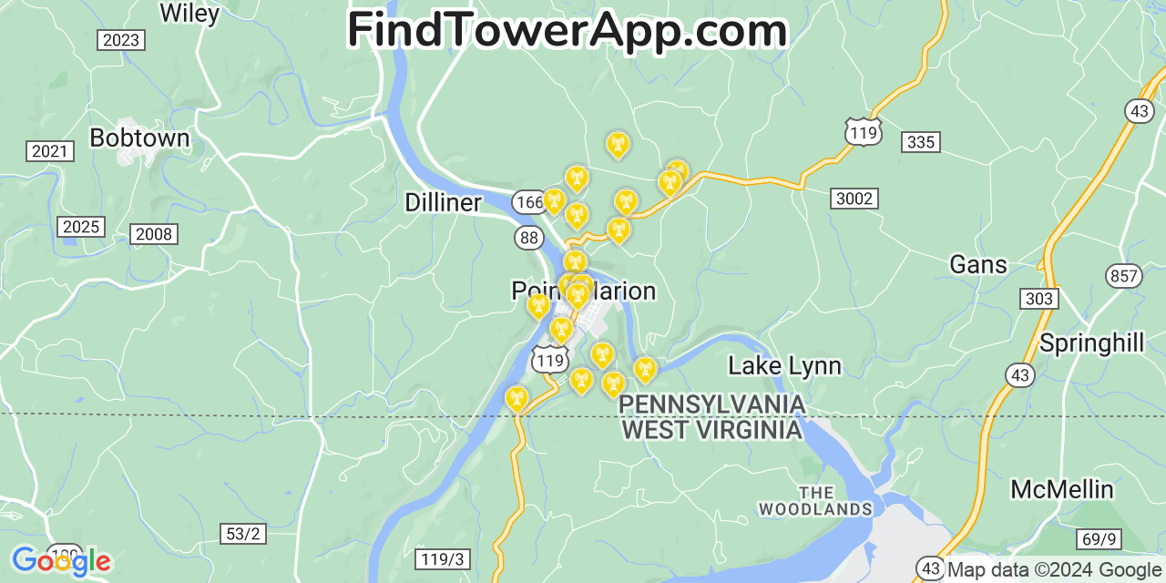 AT&T 4G/5G cell tower coverage map Point Marion, Pennsylvania