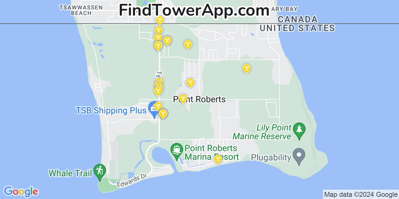 AT&T 4G/5G cell tower coverage map Point Roberts, Washington