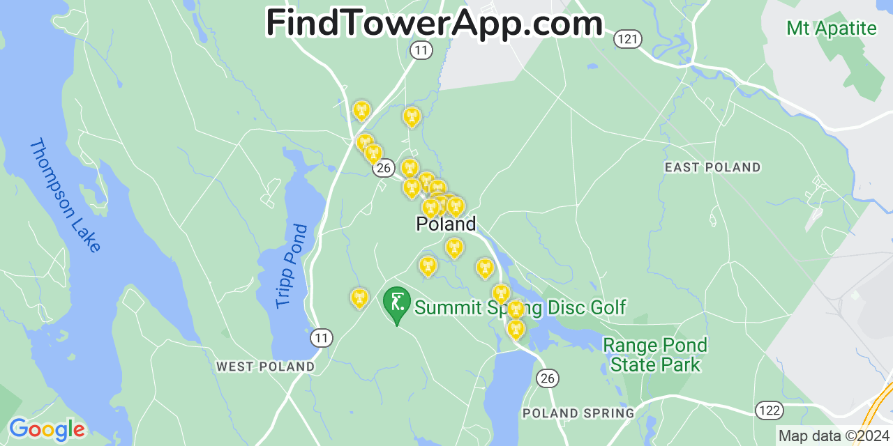 AT&T 4G/5G cell tower coverage map Poland, Maine