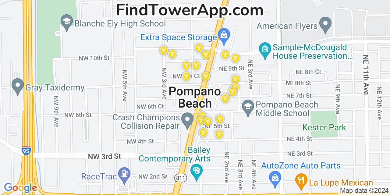 AT&T 4G/5G cell tower coverage map Pompano Beach, Florida