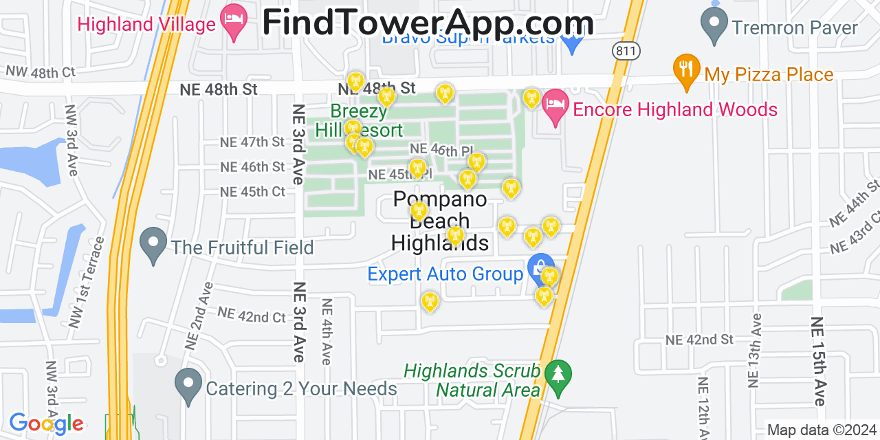 AT&T 4G/5G cell tower coverage map Pompano Beach Highlands, Florida