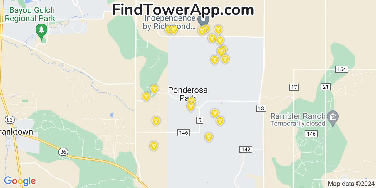 AT&T 4G/5G cell tower coverage map Ponderosa Park, Colorado