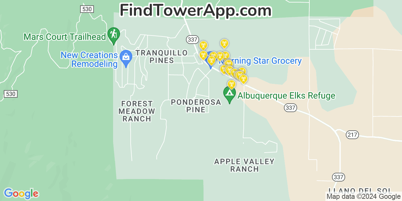 AT&T 4G/5G cell tower coverage map Ponderosa Pine, New Mexico