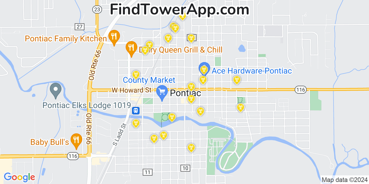 AT&T 4G/5G cell tower coverage map Pontiac, Illinois