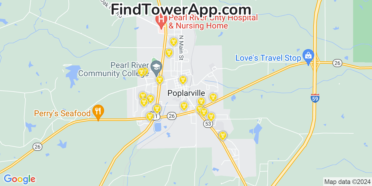 AT&T 4G/5G cell tower coverage map Poplarville, Mississippi