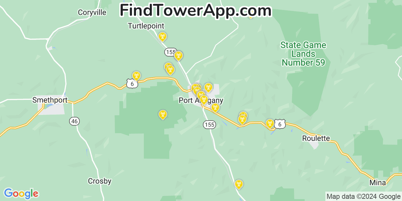 AT&T 4G/5G cell tower coverage map Port Allegany, Pennsylvania