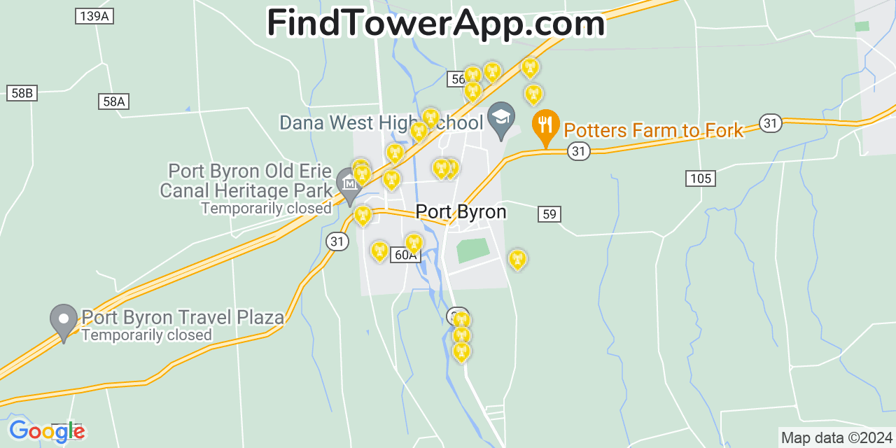 AT&T 4G/5G cell tower coverage map Port Byron, New York