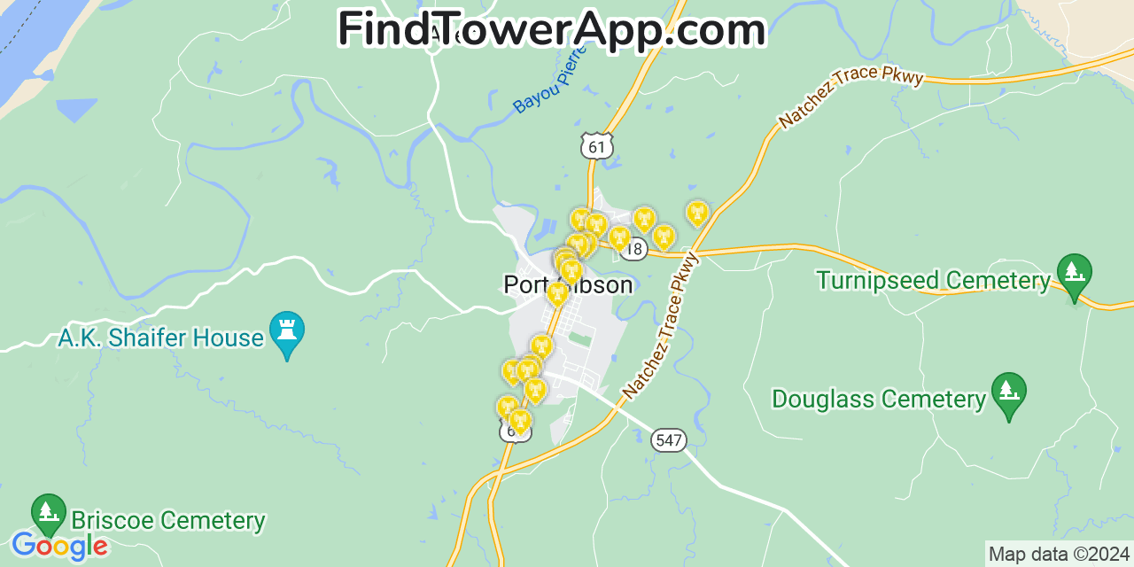AT&T 4G/5G cell tower coverage map Port Gibson, Mississippi