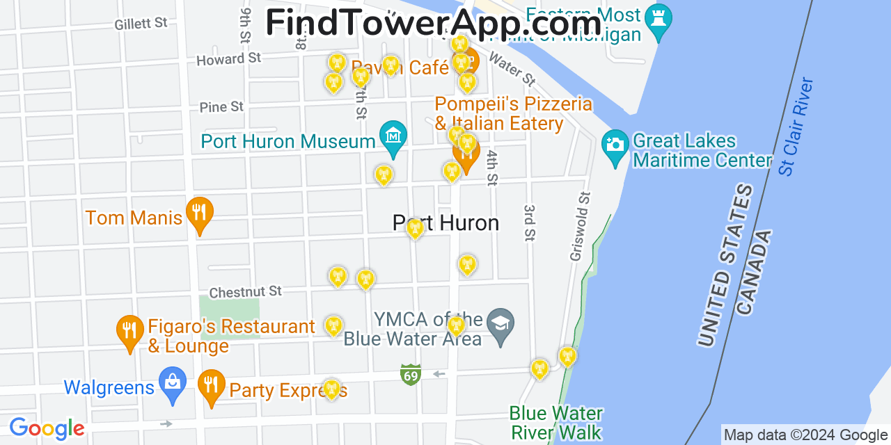 AT&T 4G/5G cell tower coverage map Port Huron, Michigan