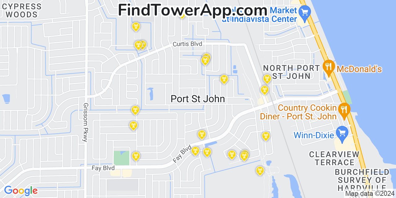 AT&T 4G/5G cell tower coverage map Port Saint John, Florida