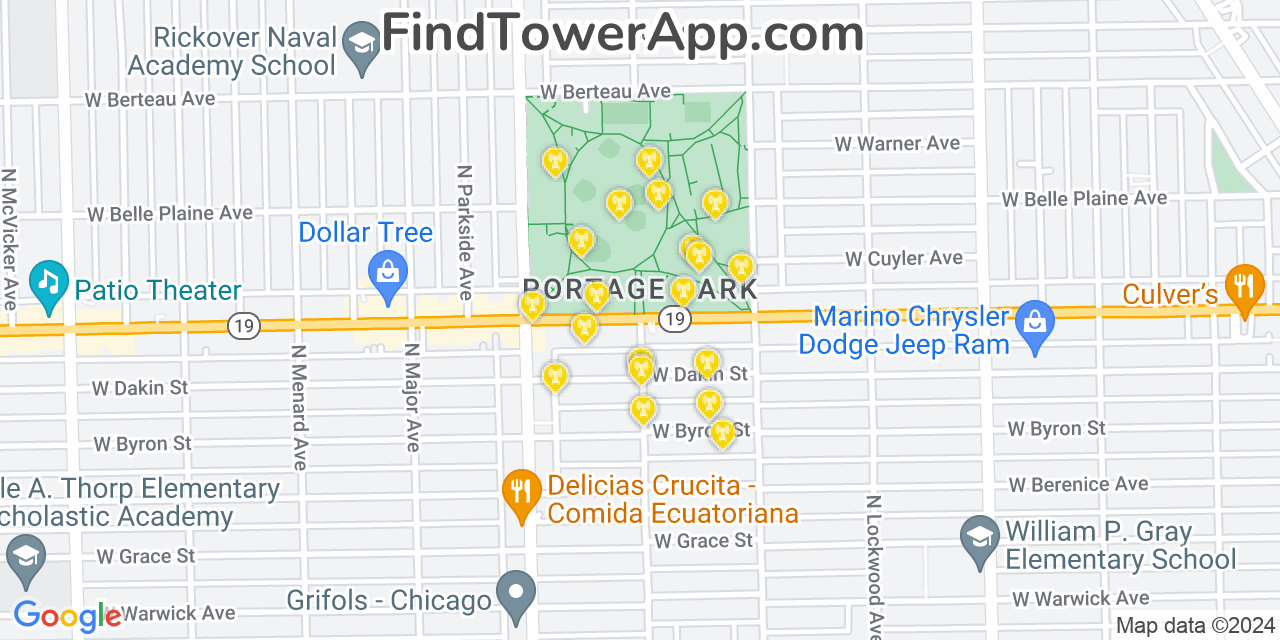 AT&T 4G/5G cell tower coverage map Portage Park, Illinois
