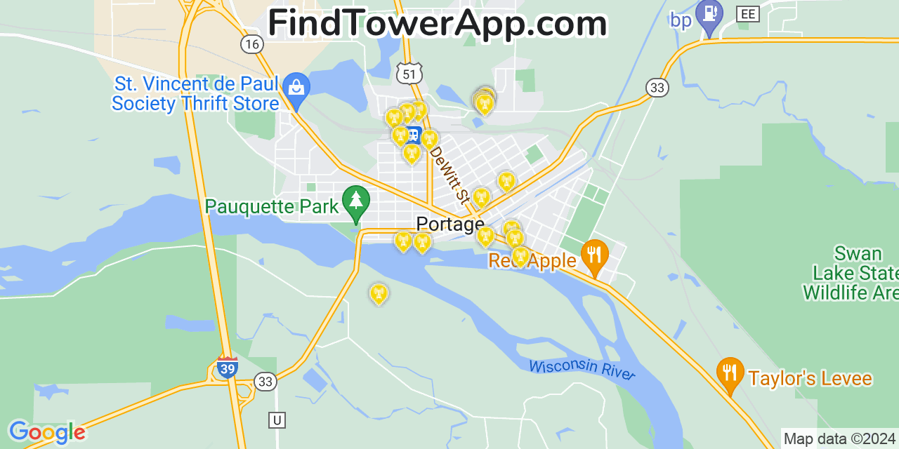 AT&T 4G/5G cell tower coverage map Portage, Wisconsin