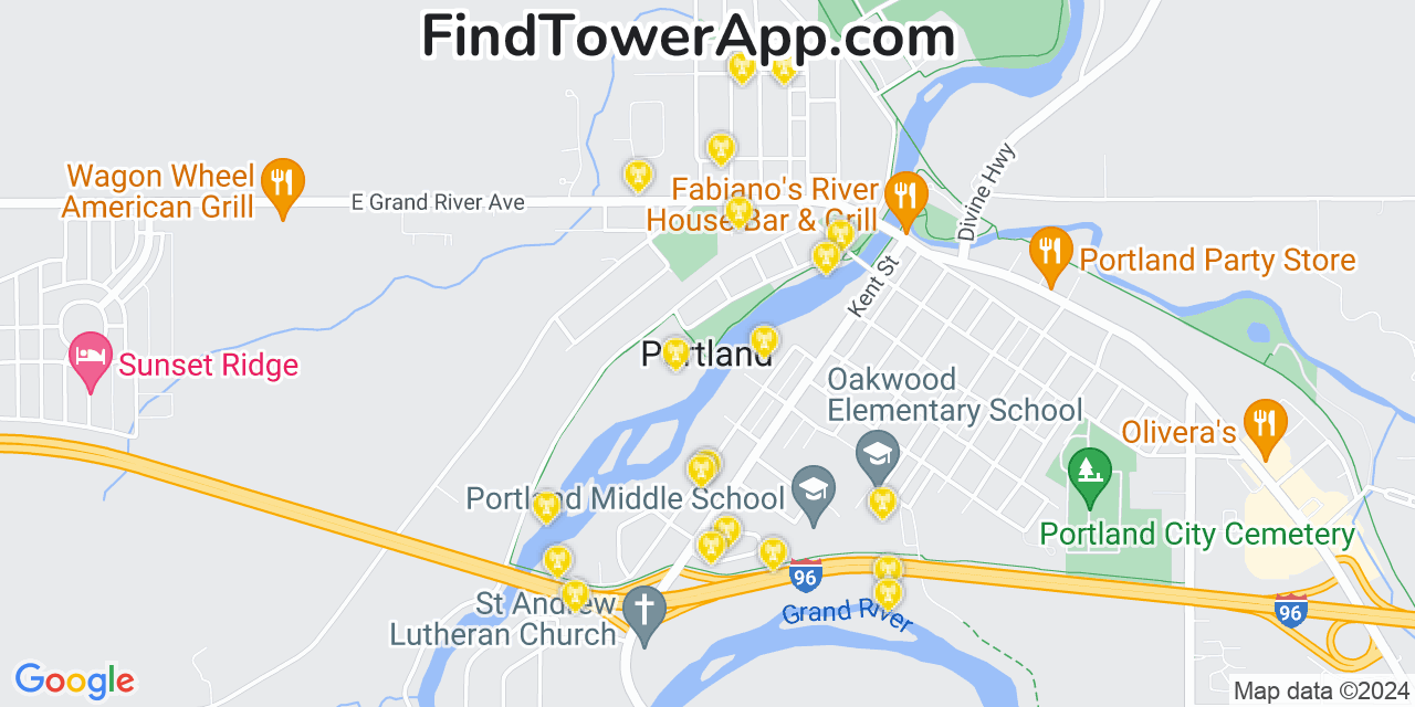 AT&T 4G/5G cell tower coverage map Portland, Michigan