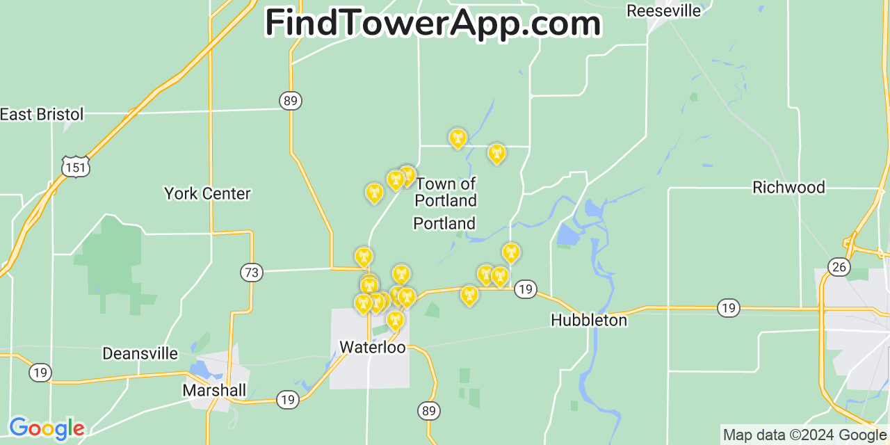 AT&T 4G/5G cell tower coverage map Portland, Wisconsin