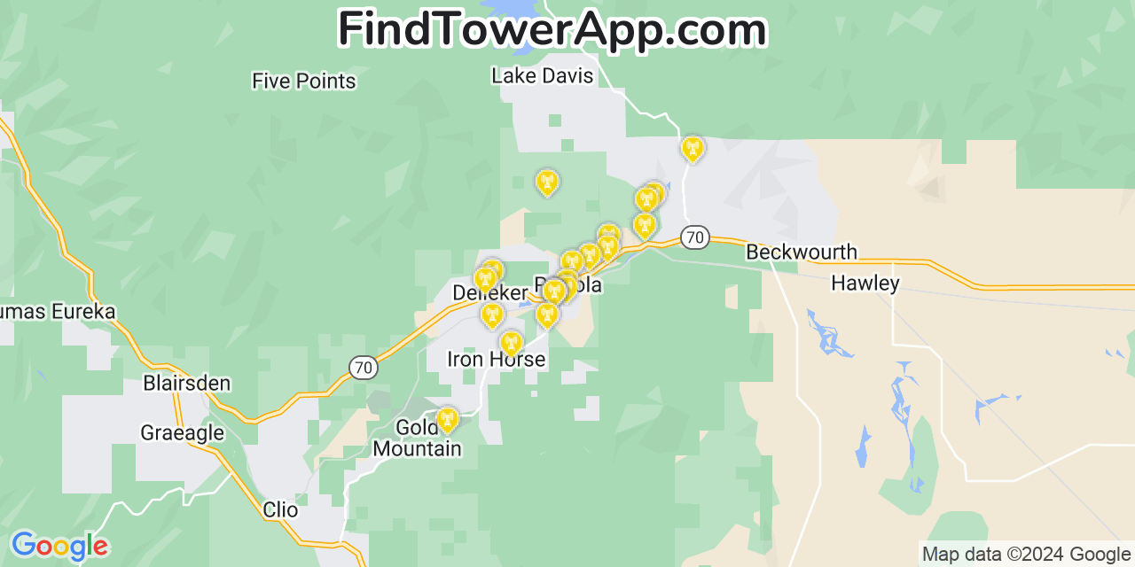 AT&T 4G/5G cell tower coverage map Portola, California