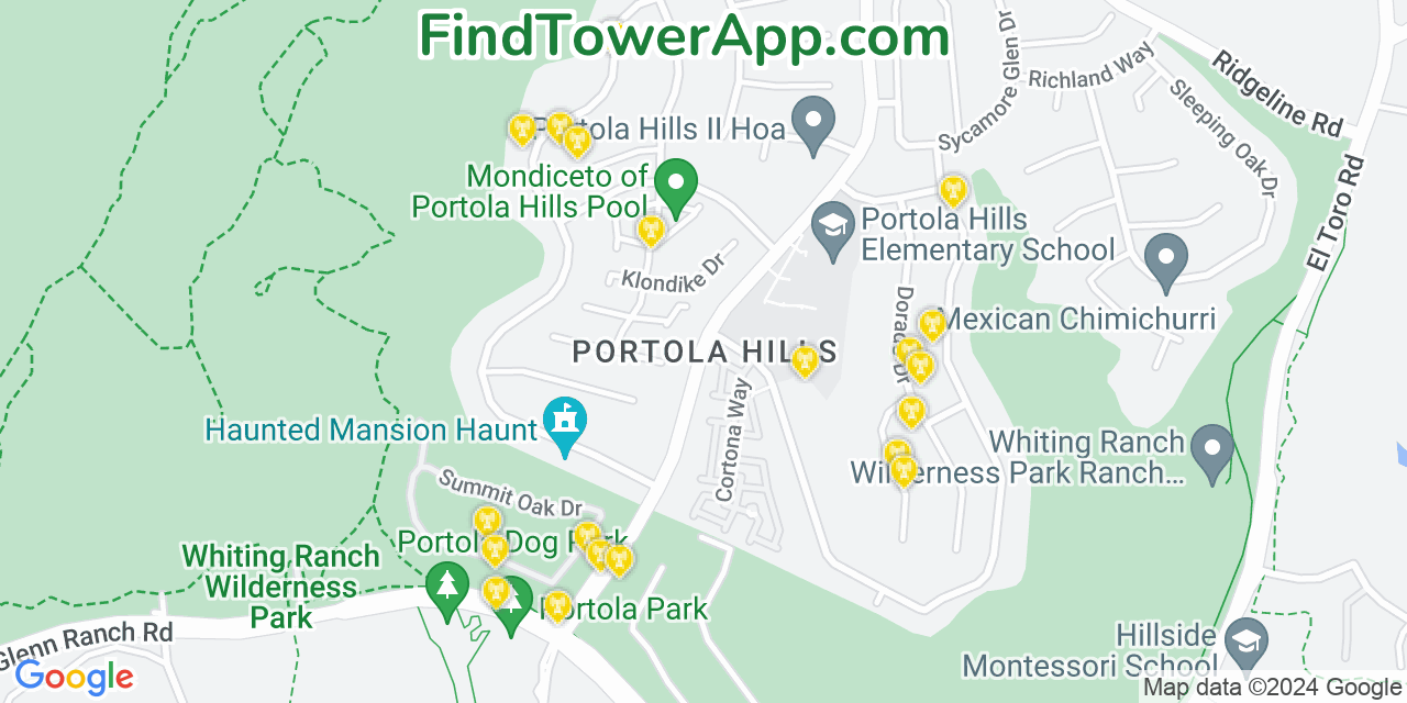 Verizon 4G/5G cell tower coverage map Portola Hills, California