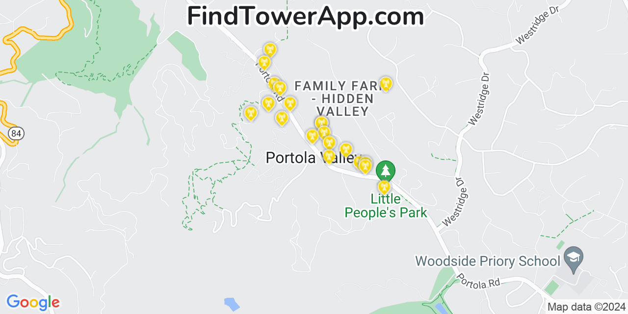 Verizon 4G/5G cell tower coverage map Portola Valley, California