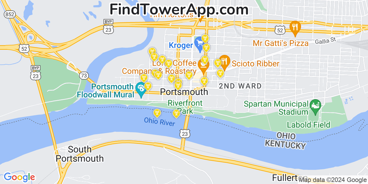 AT&T 4G/5G cell tower coverage map Portsmouth, Ohio