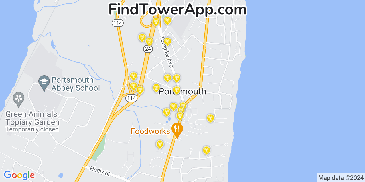 AT&T 4G/5G cell tower coverage map Portsmouth, Rhode Island