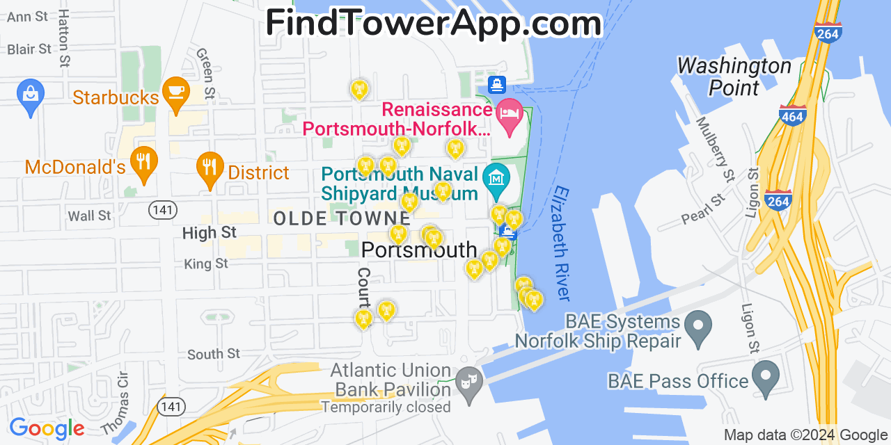 AT&T 4G/5G cell tower coverage map Portsmouth, Virginia