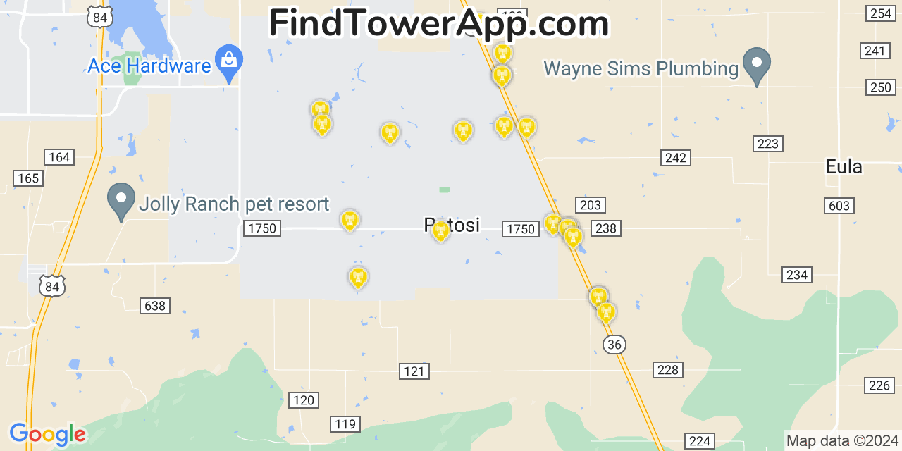 AT&T 4G/5G cell tower coverage map Potosi, Texas