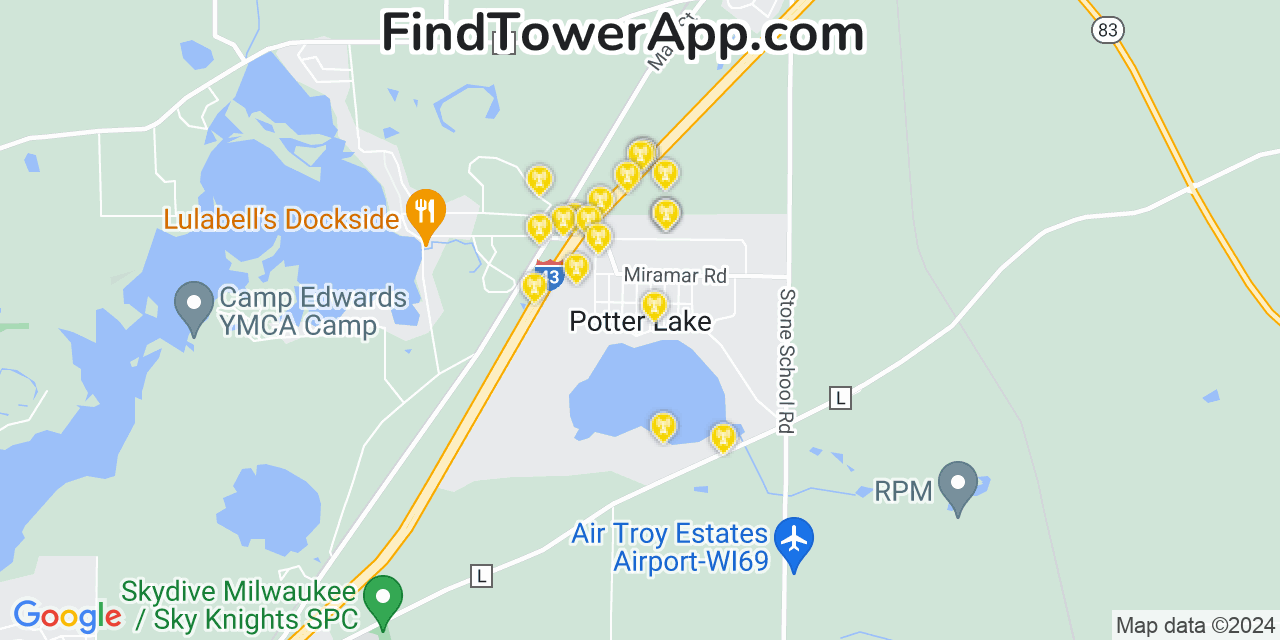 AT&T 4G/5G cell tower coverage map Potter Lake, Wisconsin
