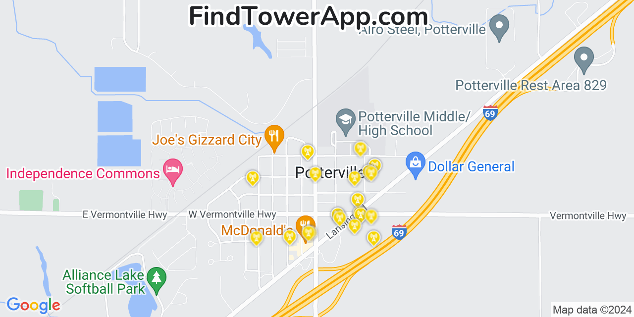 AT&T 4G/5G cell tower coverage map Potterville, Michigan