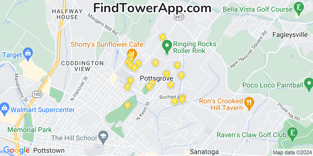 AT&T 4G/5G cell tower coverage map Pottsgrove, Pennsylvania