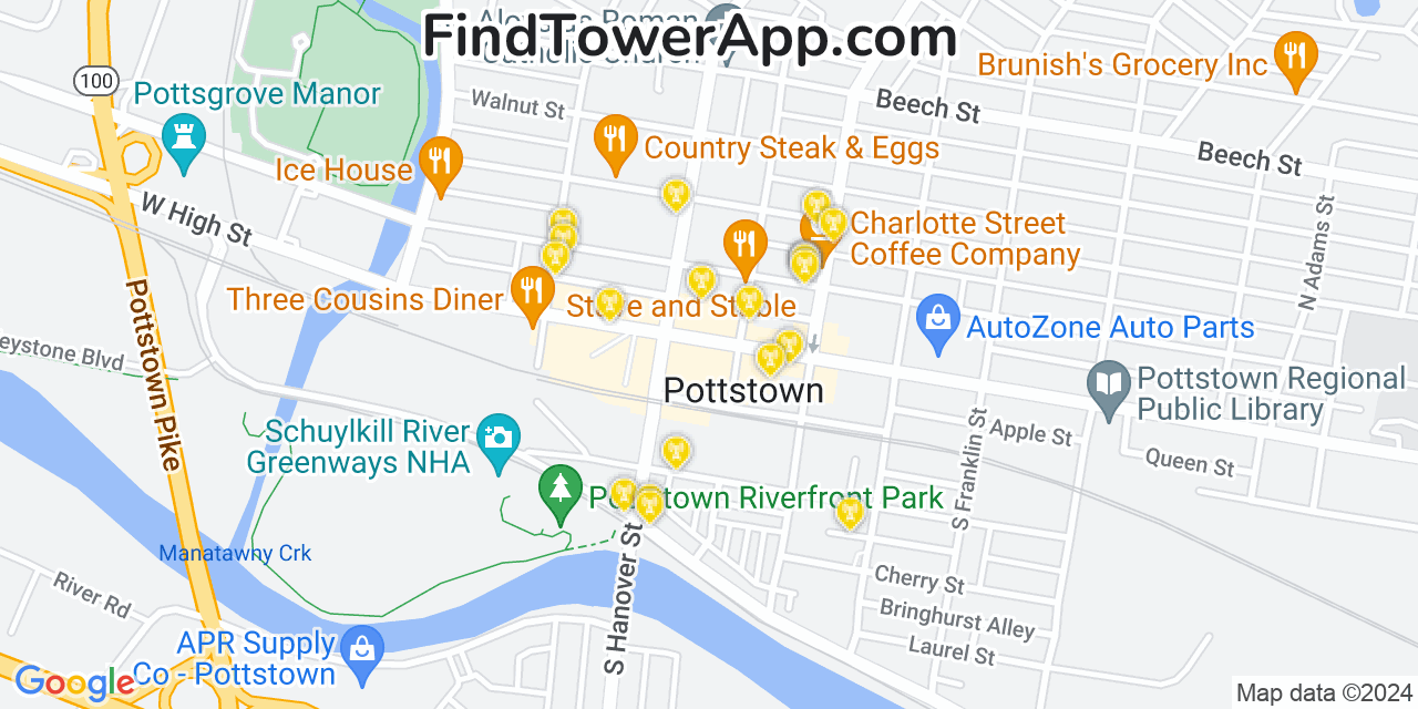AT&T 4G/5G cell tower coverage map Pottstown, Pennsylvania