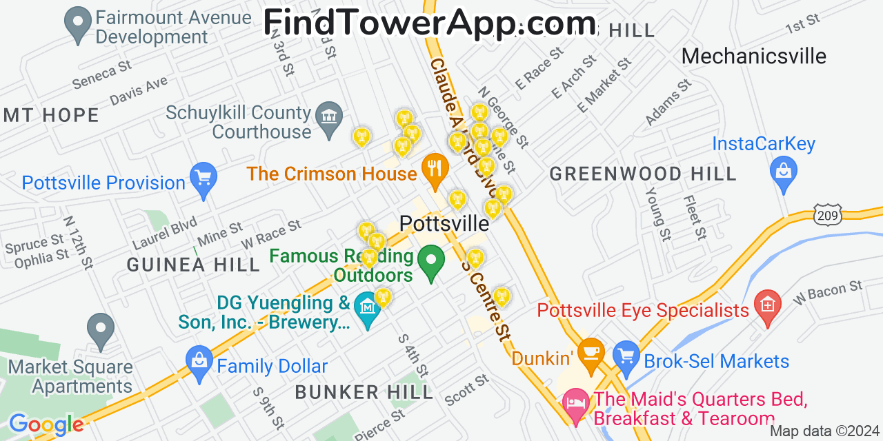 Verizon 4G/5G cell tower coverage map Pottsville, Pennsylvania