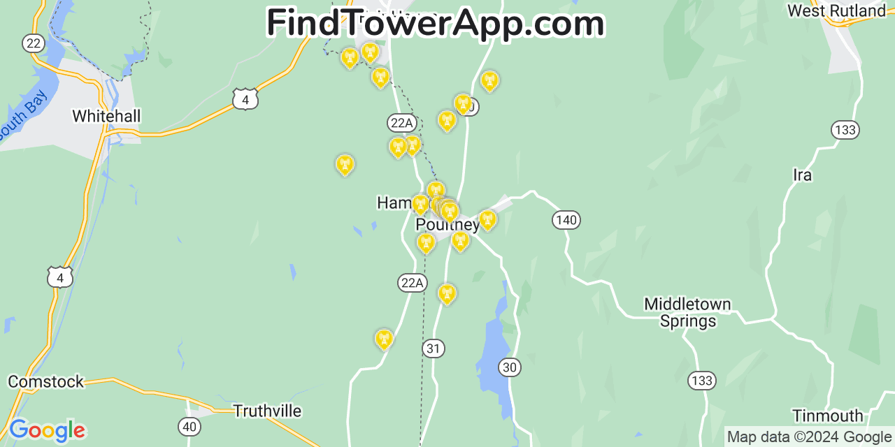 AT&T 4G/5G cell tower coverage map Poultney, Vermont